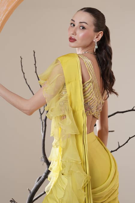Buy_Surabhi Arya_Yellow Satin Beads Scoop Neck Lime Pre-draped Ruffle Saree Set 