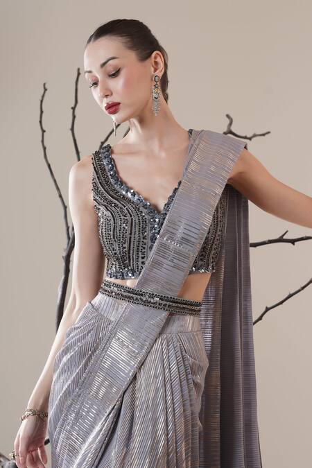 Surabhi Arya_Silver Sequins, Embroidery, Beads V-neck Pre-draped Saree Set _Online_at_Aza_Fashions