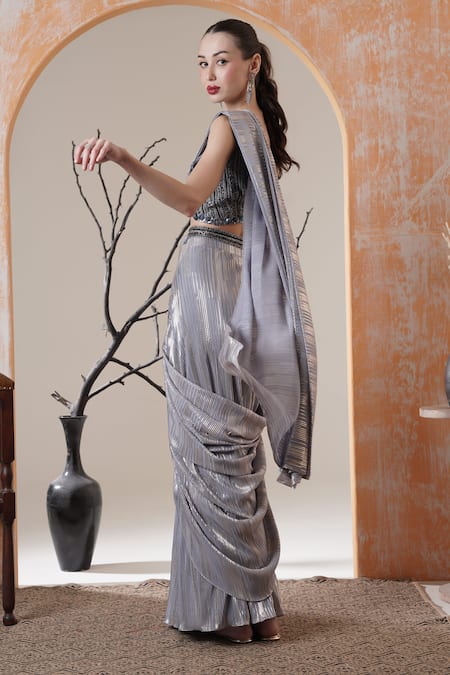 Shop_Surabhi Arya_Silver Sequins, Embroidery, Beads V-neck Pre-draped Saree Set _at_Aza_Fashions