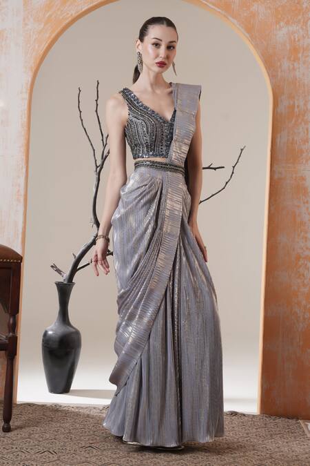 Buy_Surabhi Arya_Silver Sequins, Embroidery, Beads V-neck Pre-draped Saree Set _Online_at_Aza_Fashions