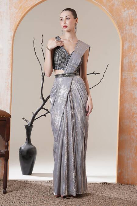 Shop_Surabhi Arya_Silver Sequins, Embroidery, Beads V-neck Pre-draped Saree Set _Online_at_Aza_Fashions