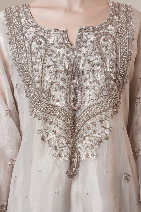 Buy_Surabhi Arya_Silver Organza Sequins, Embroidery Split V-neck Tissue Kurta Set 