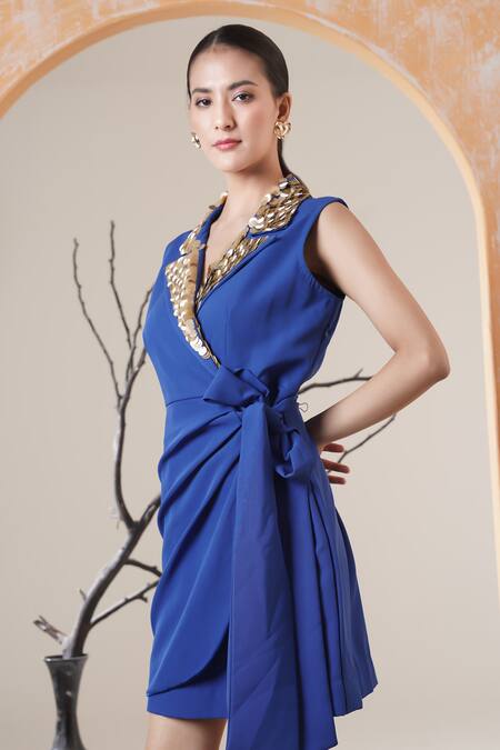 Surabhi Arya Blue Crepe Sequins V-neck Designer Dress With Embellishment Online at Aza Fashions Surabhi Arya_Blue Crepe Sequins V-neck Designer Dress With Embellishment _Online_at_Aza_Fashions