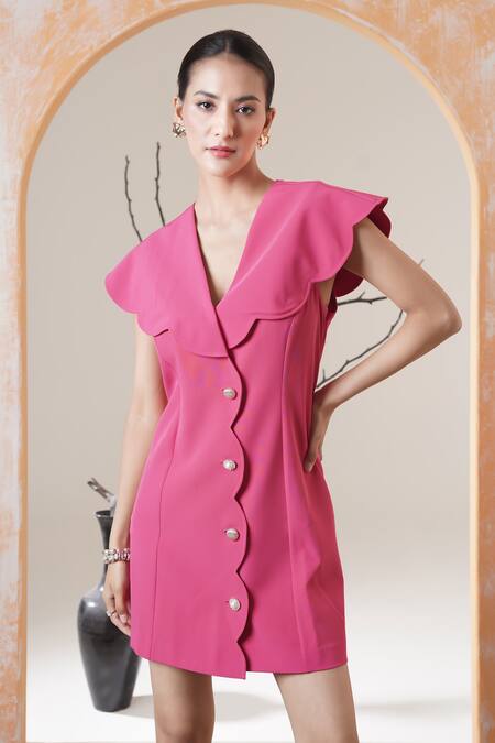 Surabhi Arya_Fuchsia V-neck Ruffle Sleeve Dress _Online_at_Aza_Fashions