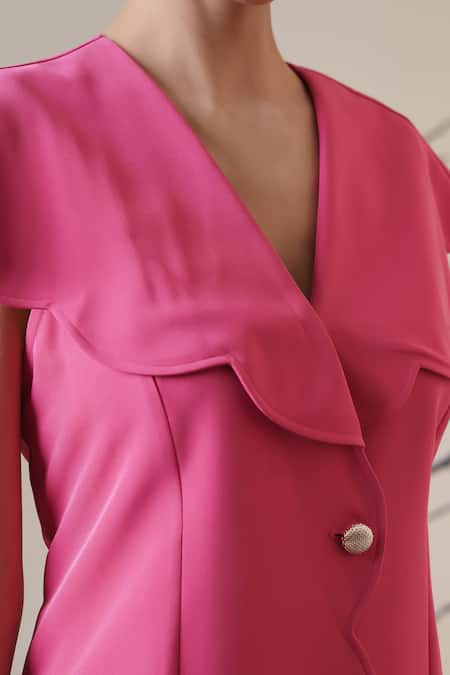 Surabhi Arya_Fuchsia V-neck Ruffle Sleeve Dress _at_Aza_Fashions