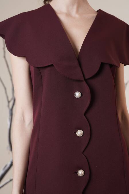 Shop_Surabhi Arya_Maroon V-neck Frill Button Dress _Online_at_Aza_Fashions