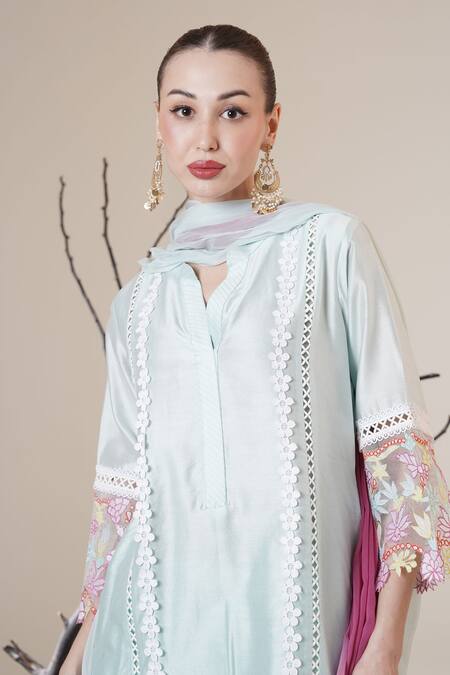 Surabhi Arya Sky Blue Chanderi Embroidery, Lace Mandarin Collar Kurta Set Online at Aza Fashions Surabhi Arya_Sky Blue Chanderi Embroidery, Lace Mandarin Collar Kurta Set _Online_at_Aza_Fashions