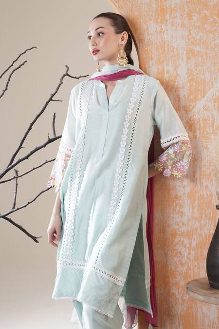 Buy Surabhi Arya Sky Blue Chanderi Embroidery, Lace Mandarin Collar Kurta Set Online at Aza Fashions Buy_Surabhi Arya_Sky Blue Chanderi Embroidery, Lace Mandarin Collar Kurta Set _Online_at_Aza_Fashions
