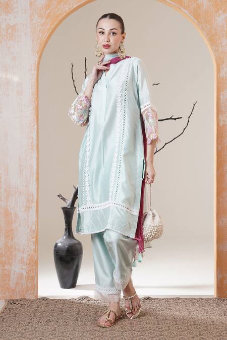 Shop Surabhi Arya Sky Blue Chanderi Embroidery, Lace Mandarin Collar Kurta Set Online at Aza Fashions Shop_Surabhi Arya_Sky Blue Chanderi Embroidery, Lace Mandarin Collar Kurta Set _Online_at_Aza_Fashions