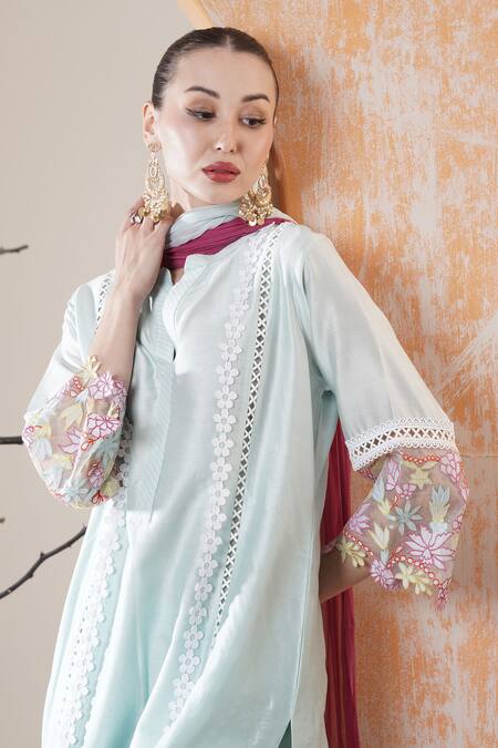 Surabhi Arya Sky Blue Chanderi Embroidery, Lace Mandarin Collar Kurta Set at Aza Fashions Surabhi Arya_Sky Blue Chanderi Embroidery, Lace Mandarin Collar Kurta Set _at_Aza_Fashions