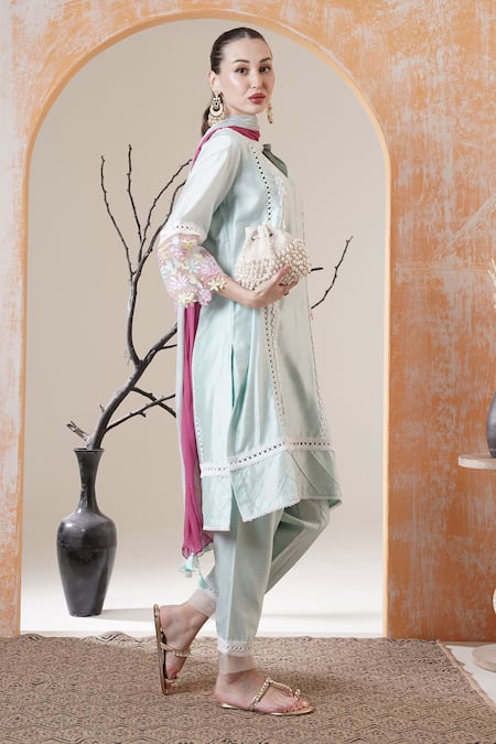 Buy Surabhi Arya Sky Blue Chanderi Embroidery, Lace Mandarin Collar Kurta Set Buy_Surabhi Arya_Sky Blue Chanderi Embroidery, Lace Mandarin Collar Kurta Set