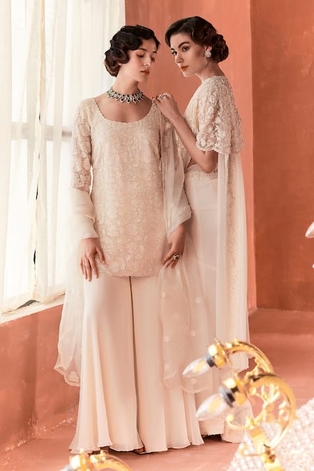 Buy_Summer By Priyanka Gupta_Ivory Chiffon, Georgette, Net Embroidery Square Neck, Round Adena Poncho Saree_Online_at_Aza_Fashions