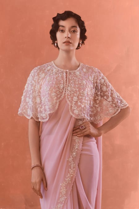 Summer By Priyanka Gupta_Pink Chiffon, Georgette, Net Embroidery Round Neck Adena Poncho Saree Set_Online_at_Aza_Fashions