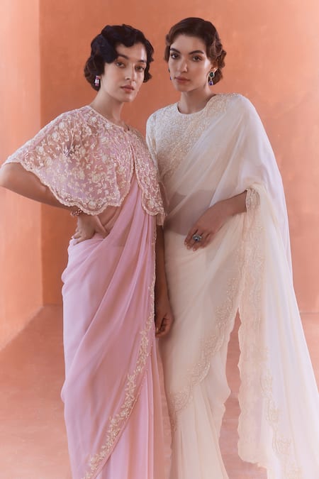 Buy_Summer By Priyanka Gupta_Pink Chiffon, Georgette, Net Embroidery Round Neck Adena Poncho Saree Set_Online_at_Aza_Fashions