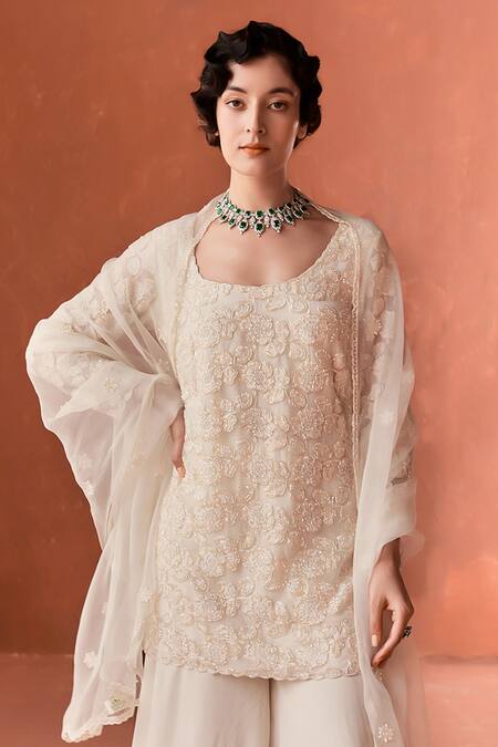 Buy_Summer By Priyanka Gupta_Ivory Organza, Georgette Embroidery Square Neck Folliage Kurta Set