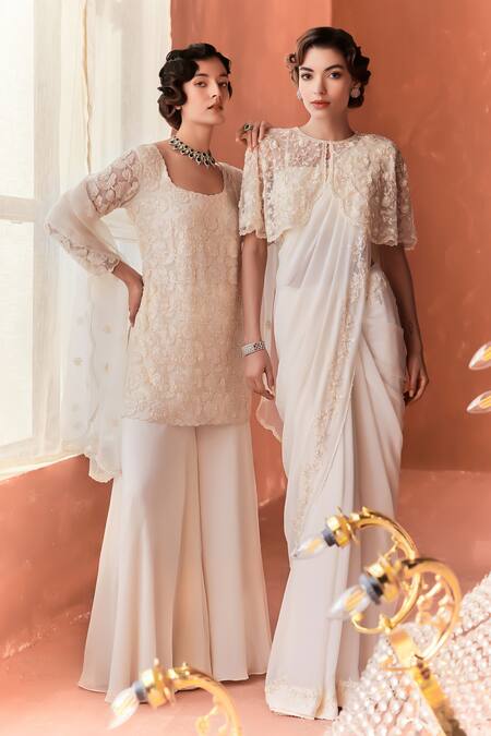 Shop_Summer By Priyanka Gupta_Ivory Organza, Georgette Embroidery Square Neck Folliage Kurta Set