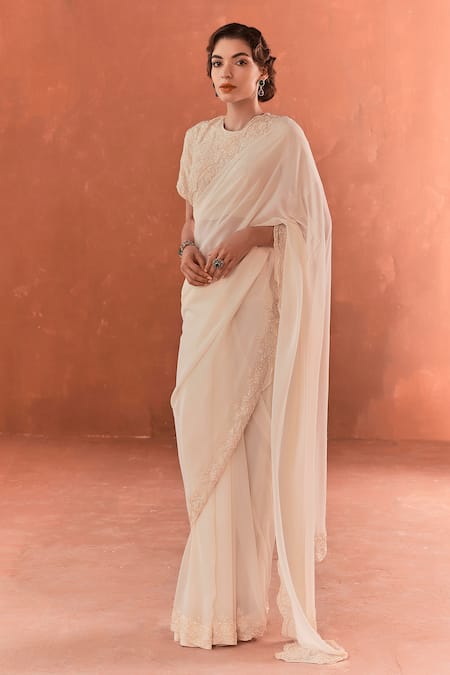 Summer by Priyanka Gupta Ivory Georgette Lace Round Neck Chandelier Saree Set 
