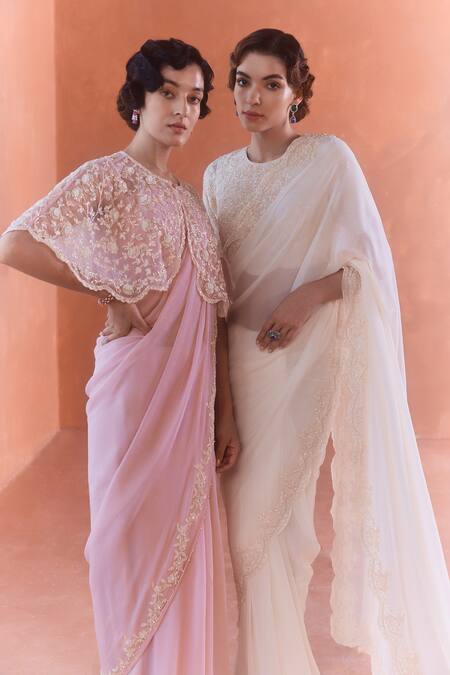 Summer By Priyanka Gupta_Ivory Georgette Lace Round Neck Chandelier Saree Set_Online_at_Aza_Fashions