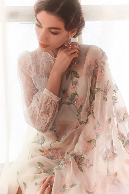 Buy Summer By Priyanka Gupta Ivory Organza, Lace Sequins, Embroidery Round Neck Hydrengea Saree And Blouse Online at Aza Fashions Buy_Summer By Priyanka Gupta_Ivory Organza, Lace Sequins, Embroidery Round Neck Hydrengea Saree And Blouse_Online_at_Aza_Fashions