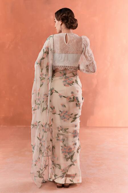 Shop Summer By Priyanka Gupta Ivory Organza, Lace Sequins, Embroidery Round Neck Hydrengea Saree And Blouse at Aza Fashions Shop_Summer By Priyanka Gupta_Ivory Organza, Lace Sequins, Embroidery Round Neck Hydrengea Saree And Blouse_at_Aza_Fashions