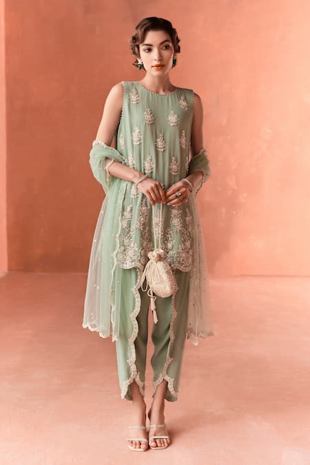 Summer by Priyanka Gupta Green Georgette, Net Embroidery Round Neck Amaria A-line Kurta Set 