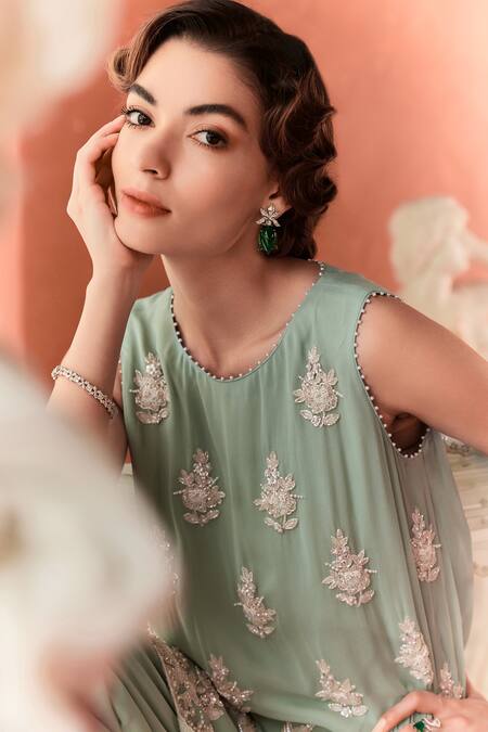 Buy_Summer By Priyanka Gupta_Green Georgette, Net Embroidery Round Neck Amaria A-line Kurta Set_Online_at_Aza_Fashions