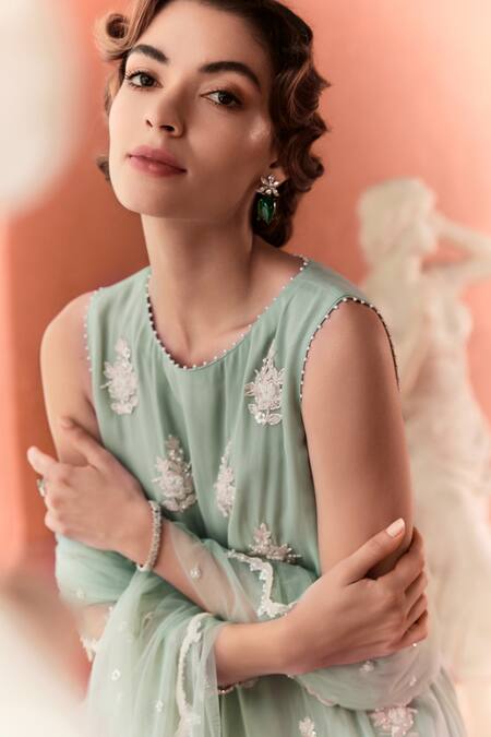 Summer By Priyanka Gupta_Green Georgette, Net Embroidery Round Neck Amaria A-line Kurta Set_at_Aza_Fashions