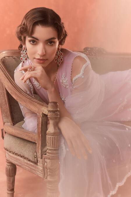 Summer By Priyanka Gupta_Pink Georgette, Net Sequins, Embroidery Round Neck A-line Kurta Set_Online_at_Aza_Fashions