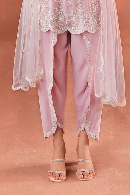 Buy_Summer By Priyanka Gupta_Pink Georgette, Net Sequins, Embroidery Round Neck A-line Kurta Set_Online_at_Aza_Fashions