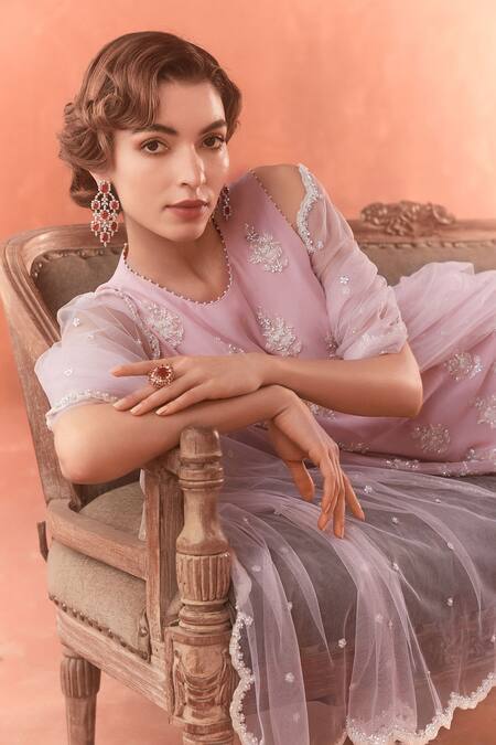 Summer By Priyanka Gupta_Pink Georgette, Net Sequins, Embroidery Round Neck A-line Kurta Set_at_Aza_Fashions