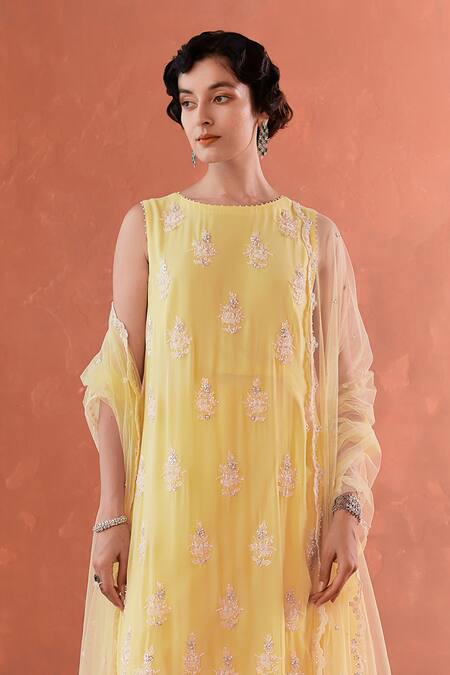 Summer By Priyanka Gupta Yellow Georgette, Net Embroidery Round Neck A-line Long Kurta Set Online at Aza Fashions Summer By Priyanka Gupta_Yellow Georgette, Net Embroidery Round Neck A-line Long Kurta Set_Online_at_Aza_Fashions