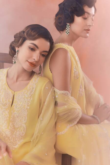 Buy Summer By Priyanka Gupta Yellow Georgette, Net Embroidery Round Neck A-line Long Kurta Set Online at Aza Fashions Buy_Summer By Priyanka Gupta_Yellow Georgette, Net Embroidery Round Neck A-line Long Kurta Set_Online_at_Aza_Fashions