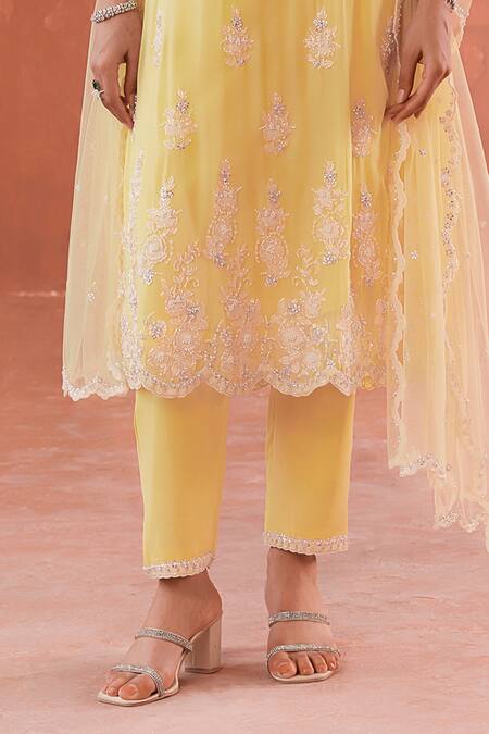 Shop Summer By Priyanka Gupta Yellow Georgette, Net Embroidery Round Neck A-line Long Kurta Set Online at Aza Fashions Shop_Summer By Priyanka Gupta_Yellow Georgette, Net Embroidery Round Neck A-line Long Kurta Set_Online_at_Aza_Fashions