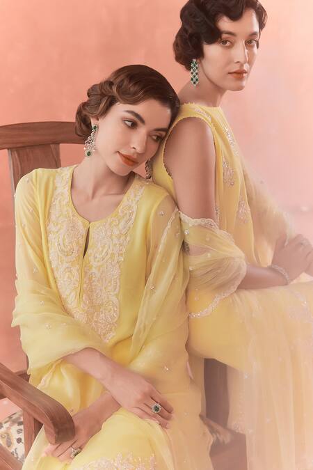 Summer By Priyanka Gupta Yellow Georgette, Net Embroidery Round Neck A-line Long Kurta Set at Aza Fashions Summer By Priyanka Gupta_Yellow Georgette, Net Embroidery Round Neck A-line Long Kurta Set_at_Aza_Fashions
