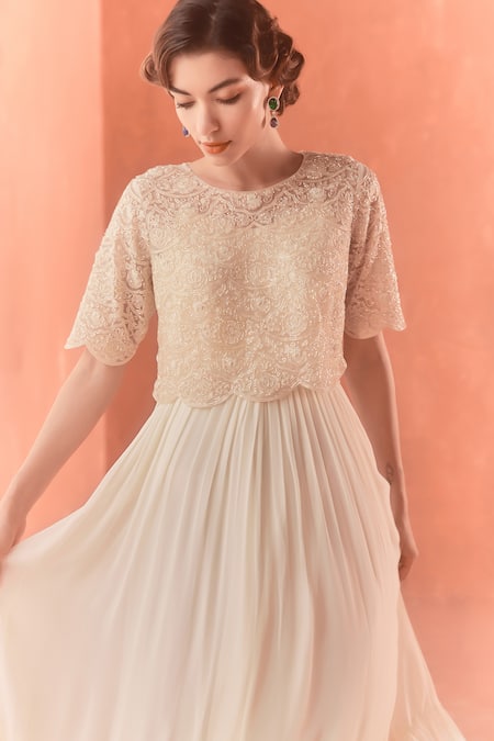 Summer By Priyanka Gupta_Ivory Georgette, Net Embroidery Round Neck Chandelier Maxi Dress With Overlay_Online_at_Aza_Fashions