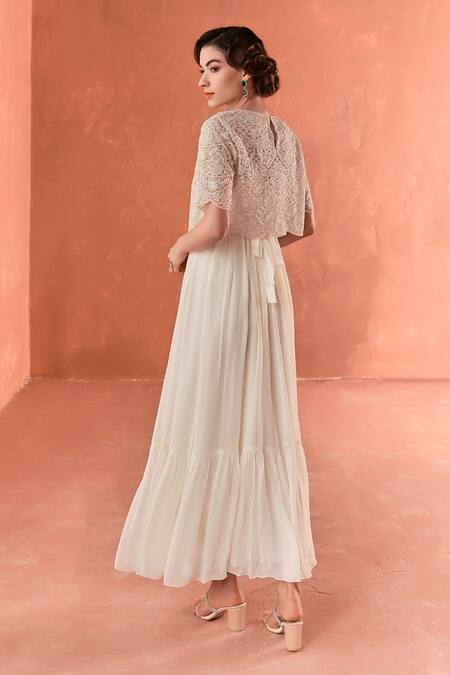 Buy_Summer By Priyanka Gupta_Ivory Georgette, Net Embroidery Round Neck Chandelier Maxi Dress With Overlay_Online_at_Aza_Fashions