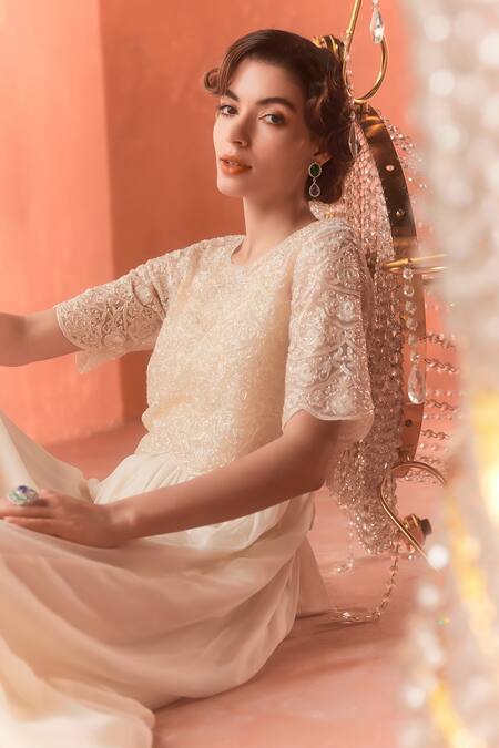 Summer By Priyanka Gupta_Ivory Georgette, Net Embroidery Round Neck Chandelier Maxi Dress With Overlay_at_Aza_Fashions