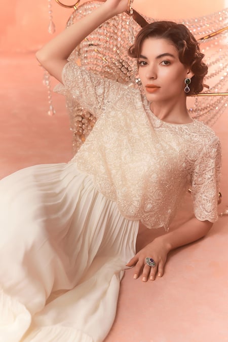 Buy_Summer By Priyanka Gupta_Ivory Georgette, Net Embroidery Round Neck Chandelier Maxi Dress With Overlay