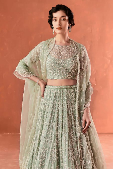 Summer By Priyanka Gupta_Green Georgette, Net, Organza Sequins, Beads Round Neck Chandelier Lehenga Set_Online_at_Aza_Fashions