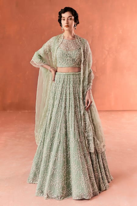 Summer by Priyanka Gupta Green Georgette, Net, Organza Sequins, Beads Round Neck Chandelier Lehenga Set 