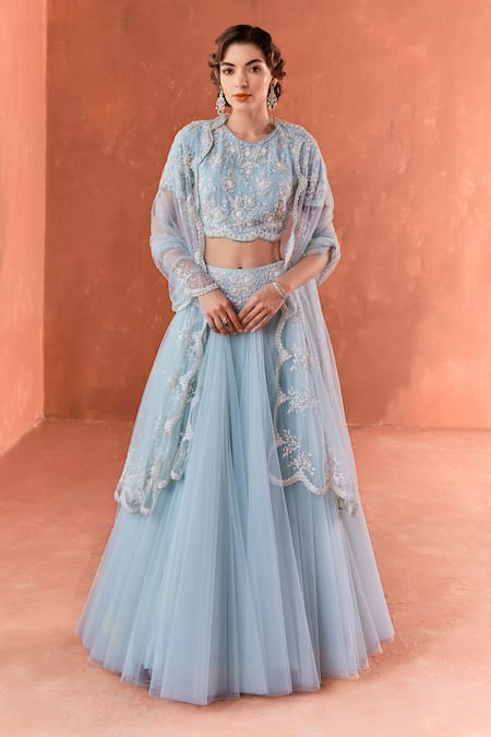 Summer by Priyanka Gupta Cobalt Net, Georgette Beads, Embroidery Round Citrus Blue Amaria Lehenga Set 