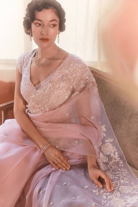 Summer By Priyanka Gupta_Pink Organza, Georgette Sequins, Embroidery V-neck Sparrow Saree Set_Online_at_Aza_Fashions