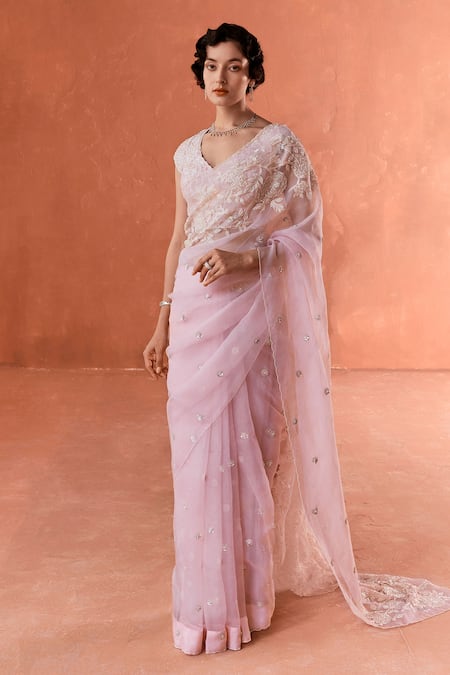 Summer by Priyanka Gupta Pink Organza, Georgette Sequins, Embroidery V-neck Sparrow Saree Set 