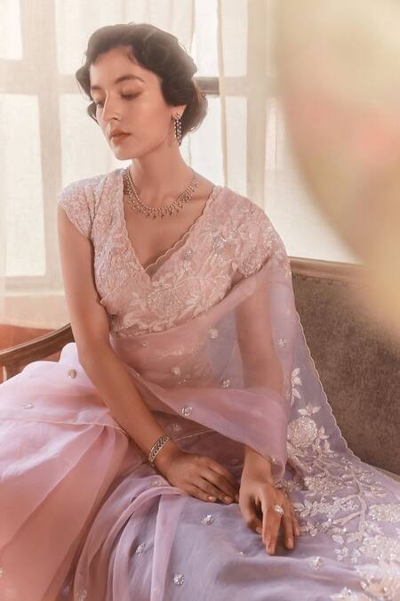 Buy_Summer By Priyanka Gupta_Pink Organza, Georgette Sequins, Embroidery V-neck Sparrow Saree Set_Online_at_Aza_Fashions