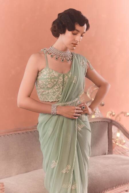 Summer By Priyanka Gupta_Green Chiffon, Georgette Sequins, Embroidery Dandelion Saree And Blouse_Online_at_Aza_Fashions