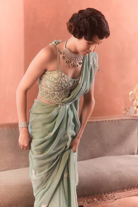 Summer By Priyanka Gupta_Green Chiffon, Georgette Sequins, Embroidery Dandelion Saree And Blouse_at_Aza_Fashions