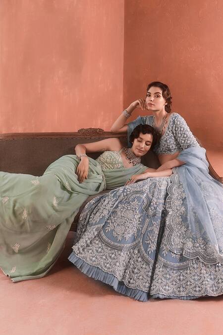 Shop_Summer By Priyanka Gupta_Green Chiffon, Georgette Sequins, Embroidery Dandelion Saree And Blouse