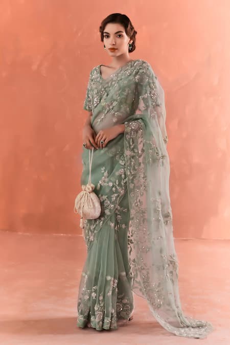 Summer by Priyanka Gupta Green Organza Sequins, Embroidery Round Neck Wild Rose Dori Saree Set 