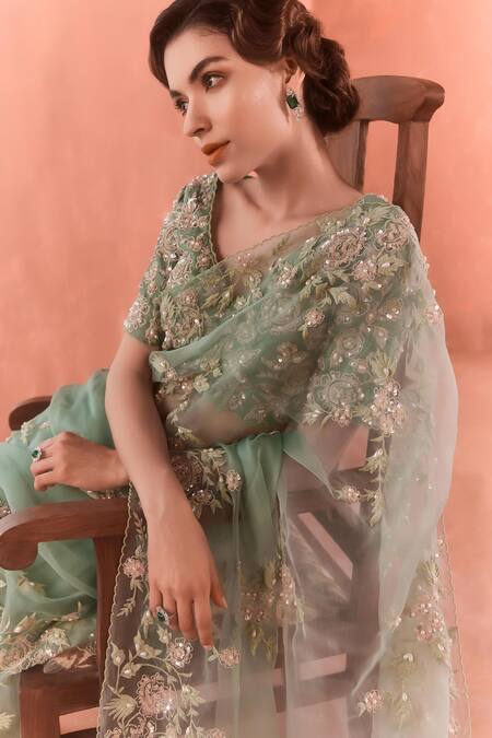 Summer By Priyanka Gupta_Green Organza Sequins, Embroidery Round Neck Wild Rose Dori Saree Set_at_Aza_Fashions