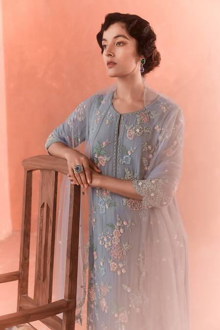 Summer By Priyanka Gupta_Blue Georgette, Net Embroidery Round Neck Bloom Cutdana Kurta Set_Online_at_Aza_Fashions